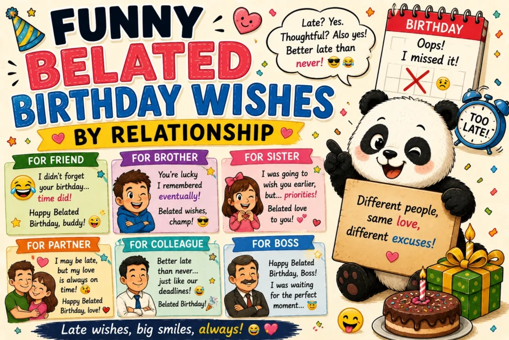 Funny Belated Birthday Wishes by Relationship